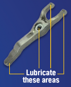 Lubricate these areas of the pivot fork