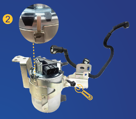 Image indicating the correct placement of the fuel filter in the bracket, and the correct screw to be tightened