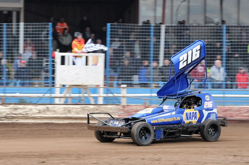 NAPA Racing Stock Car on the track at BriSCA in April 2022