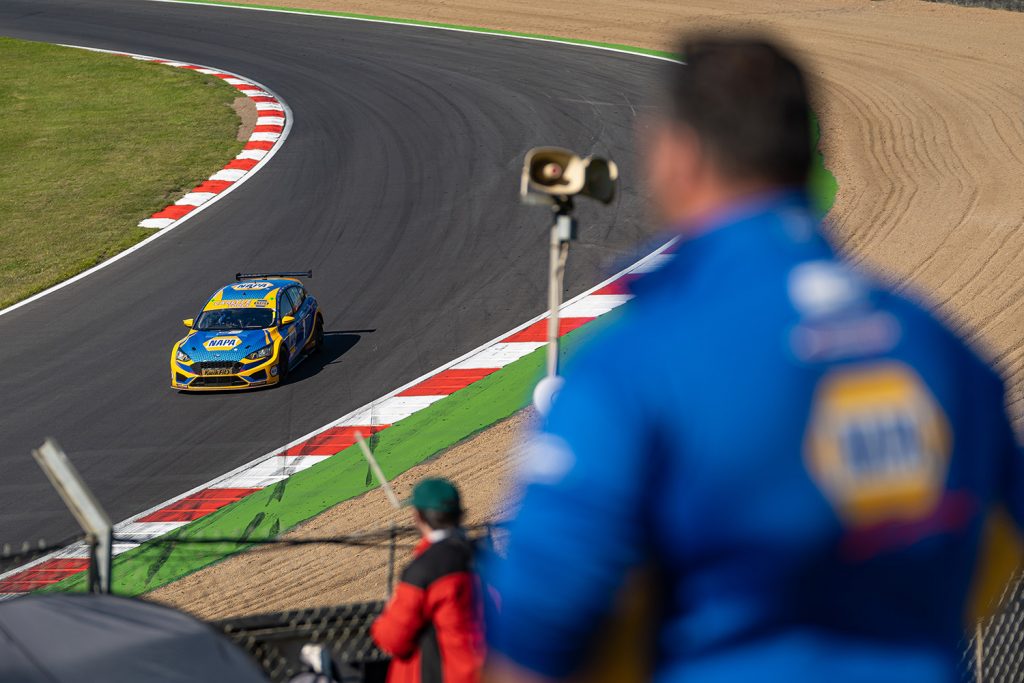 NAPA Racing UK's Ash Sutton gives it his all on the Brands Hatch GP Circuit for the BTCC finale.